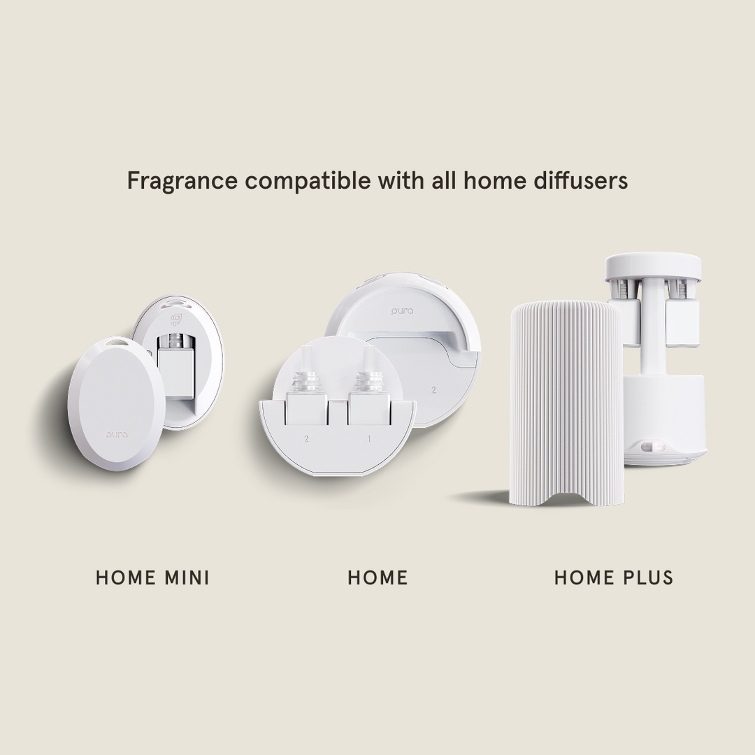 Pura Balsam &amp; Cedar smart vial by Illume shown with Pura home diffuser lineup for compatibility reference
