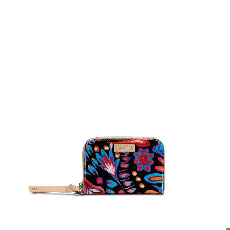 Consuela Sophie Zippy Wallet featuring a floral ConsuelaCloth exterior and natural leather trim.