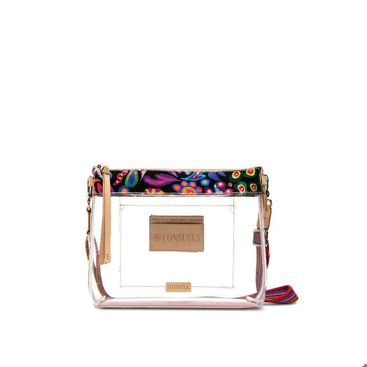 Consuela Sophie Clear Downtown Crossbody featuring a transparent body, printed trim, and woven strap.