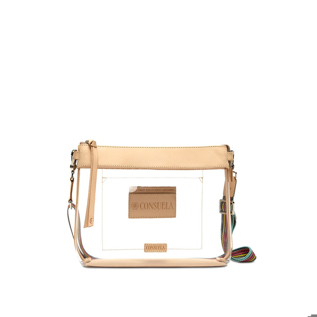 Consuela Clear Downtown Crossbody in Diego featuring a transparent body, printed trim, and woven strap.