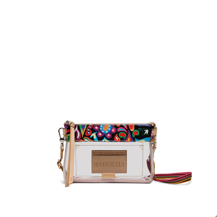 Consuela Clear Midtown Crossbody in Sophie featuring a transparent body, printed trim, and woven strap.