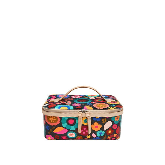 Consuela Amelie Train Case featuring a vibrant multi-colored floral print with a natural leather handle and gold-tone zipper.