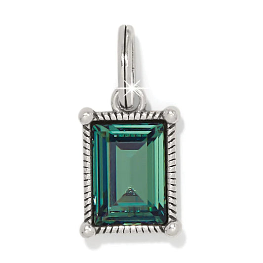 Luminous erinite green crystal charm set in signature Brighton silver-style metalwork.