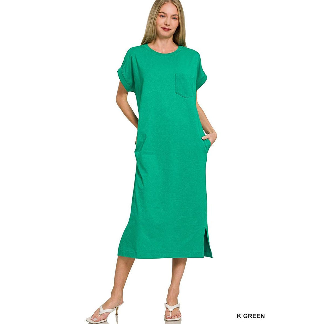Round Neck Short Sleeve Midi Dress w/ Pockets