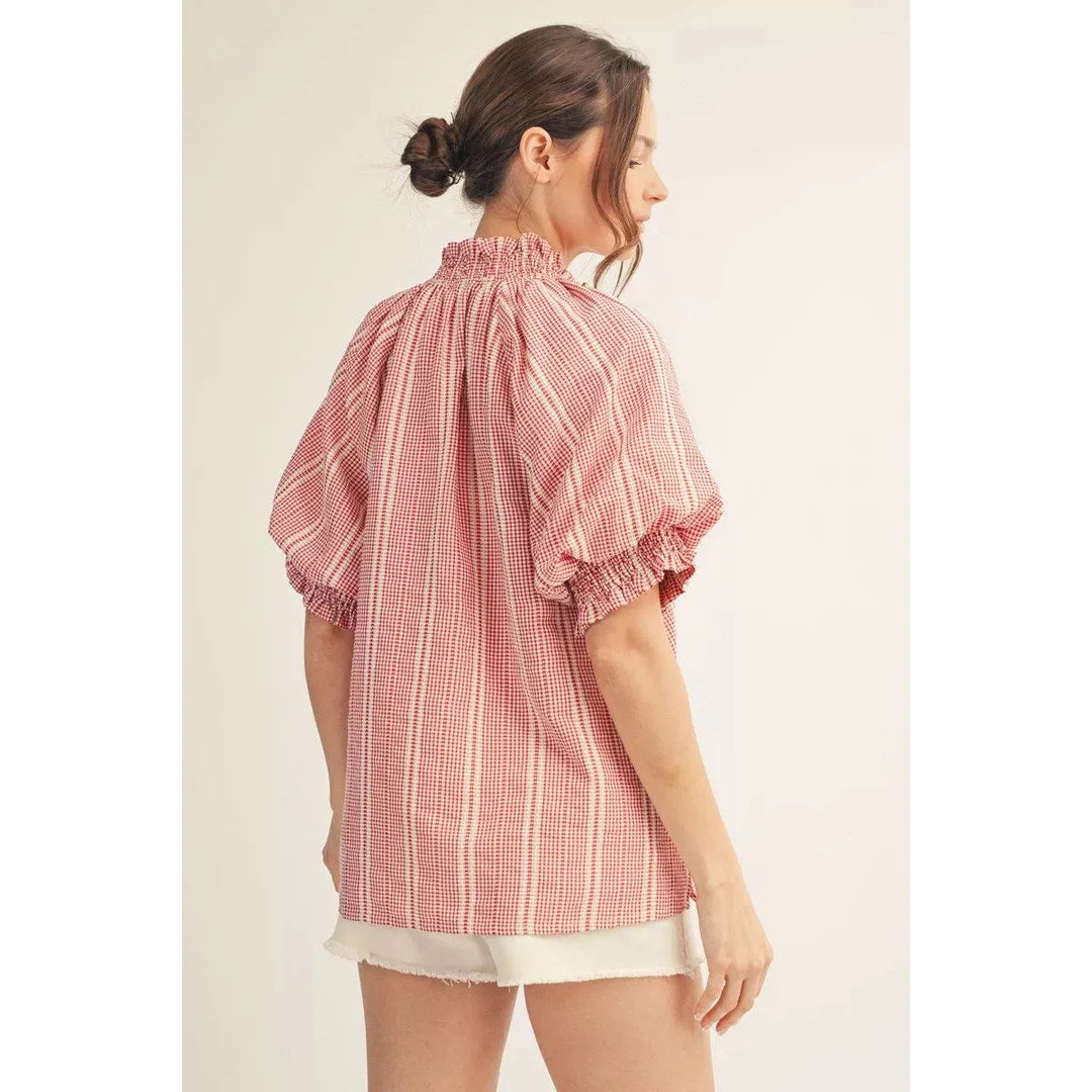Chloe | Striped Ruffle Neck Puff Sleeve Textured Top