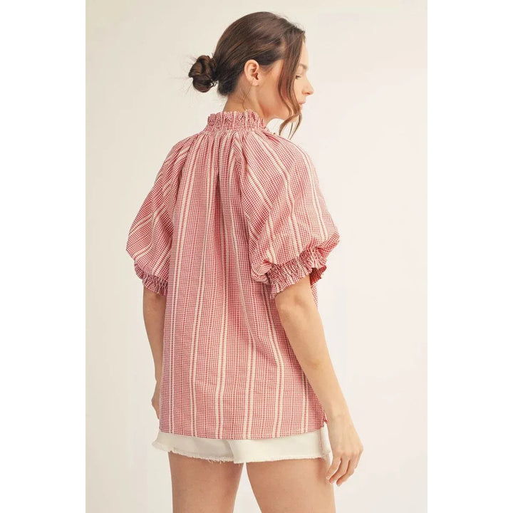 Chloe | Striped Ruffle Neck Puff Sleeve Textured Top