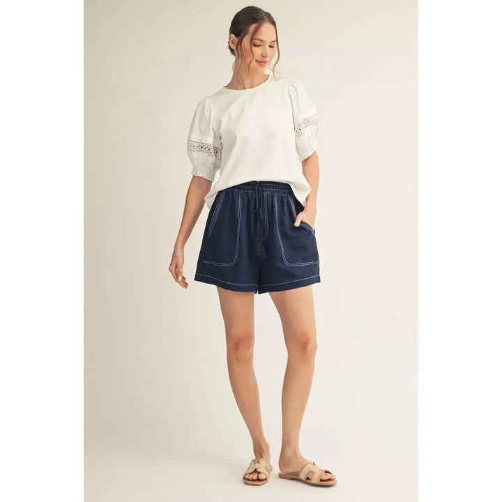 Hazel Lace Accent Puff Sleeve Top in White