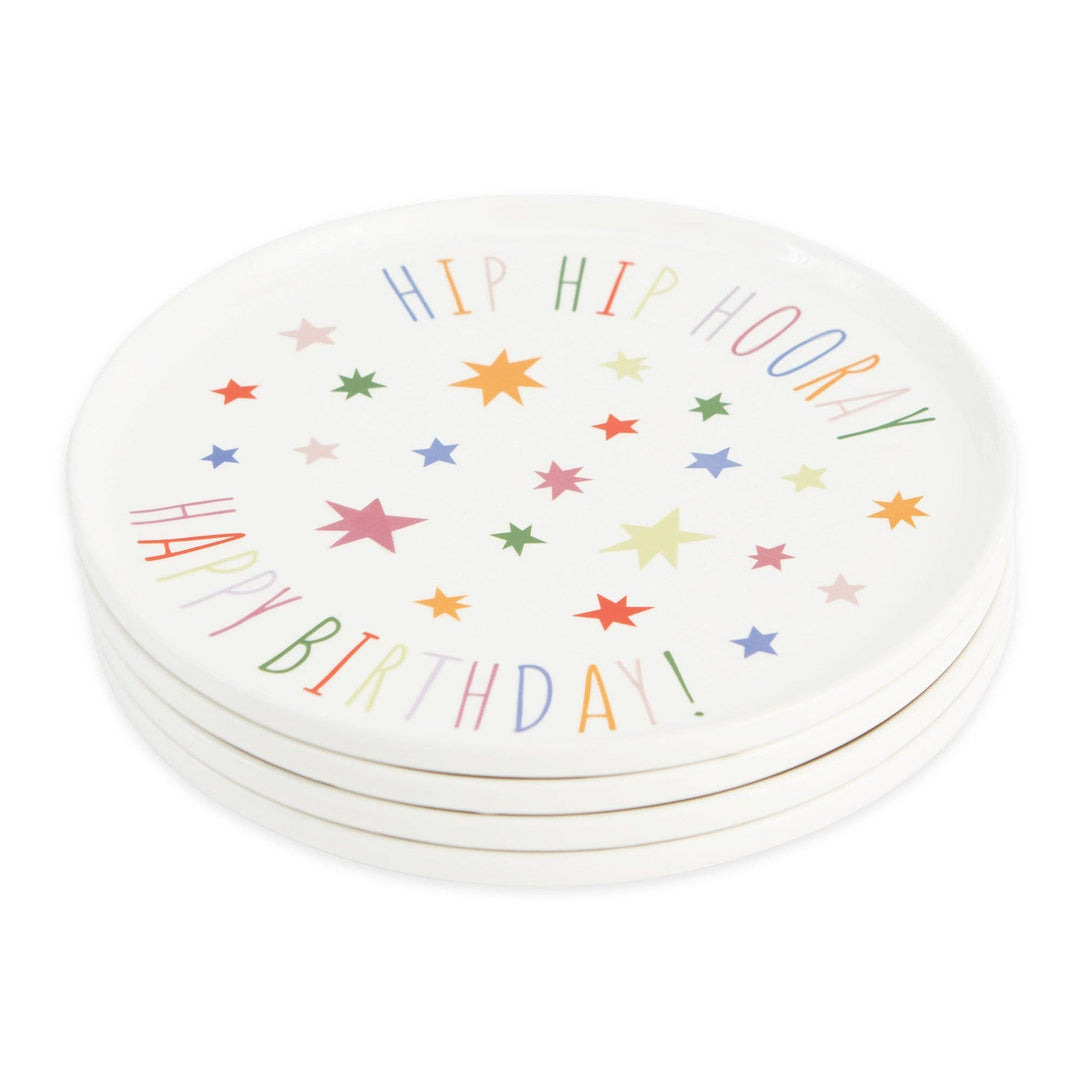 “Hip Hip Hooray” Birthday Dessert Plates – 8” Ceramic Earthenware – Colorful Party Cake Plates for Celebrations &amp; Gifts (Set of 4)