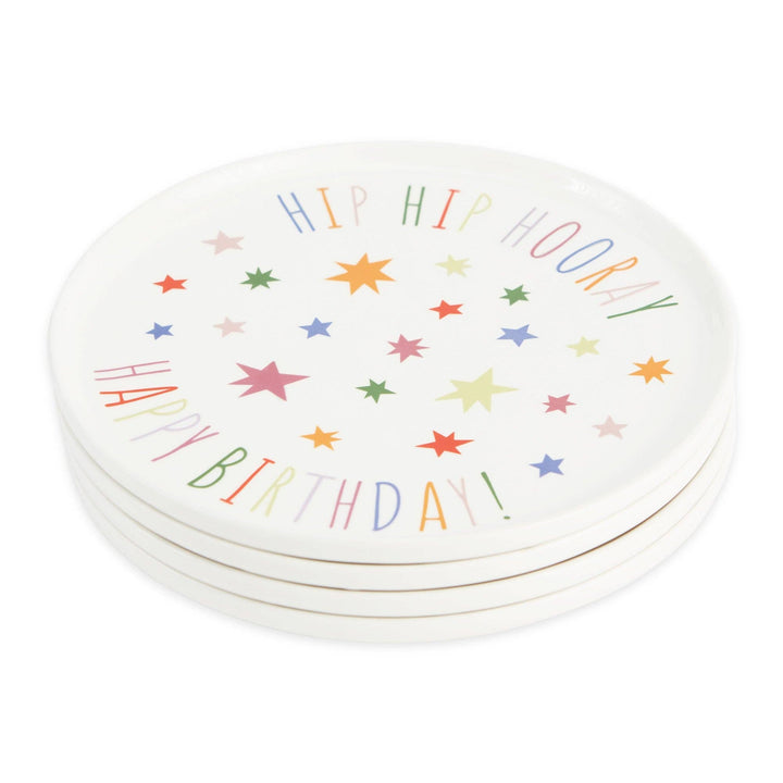 “Hip Hip Hooray” Birthday Dessert Plates – 8” Ceramic Earthenware – Colorful Party Cake Plates for Celebrations &amp; Gifts (Set of 4)