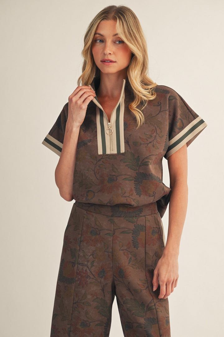 Jodifl Drop Shoulder Floral Zip Top &amp; Wide Leg Pants Set - Brown