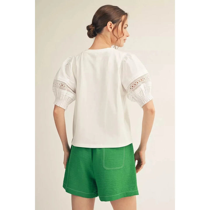 Hazel Lace Accent Puff Sleeve Top in White