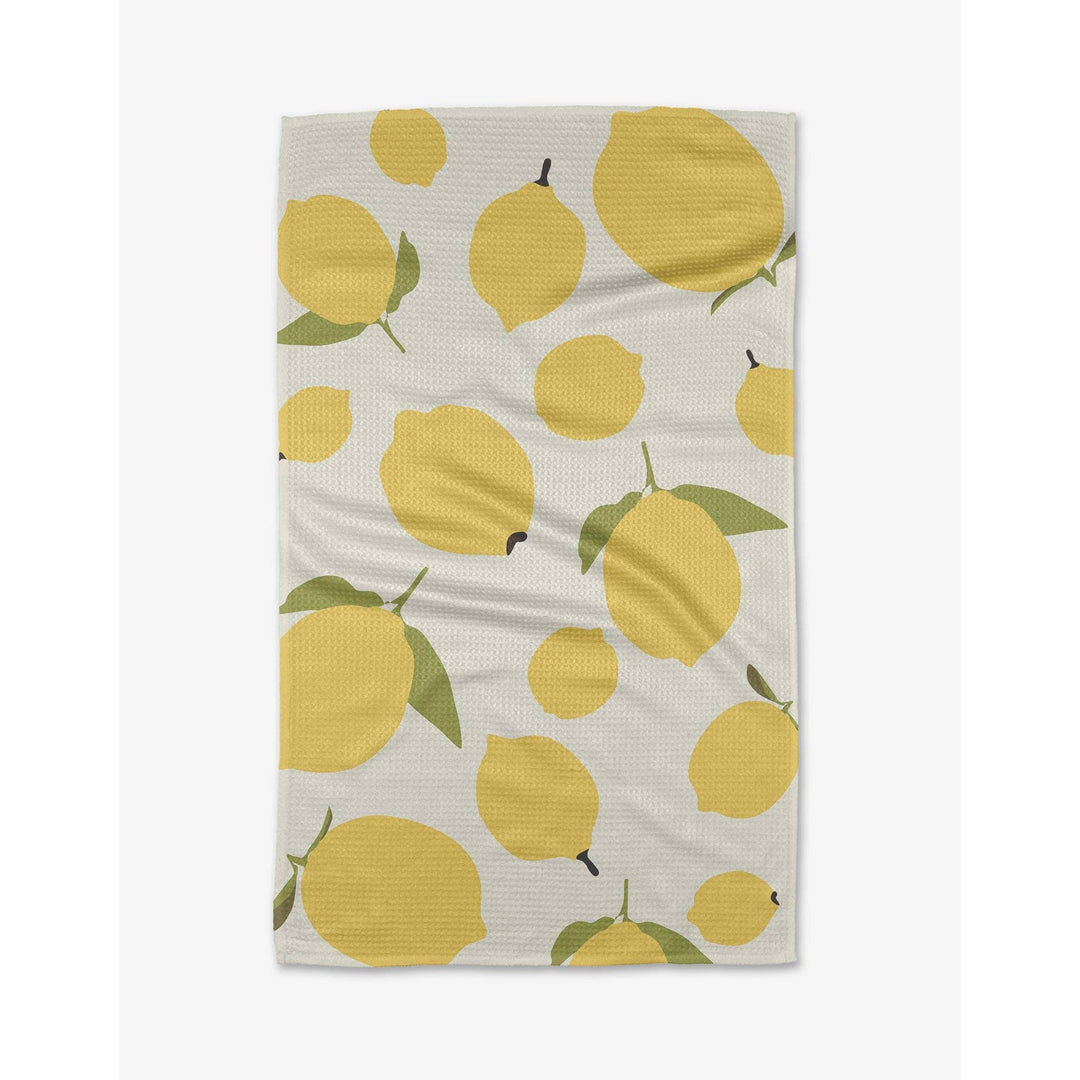 Geometry Sunny Lemons waffle-weave kitchen tea towel with lemon print