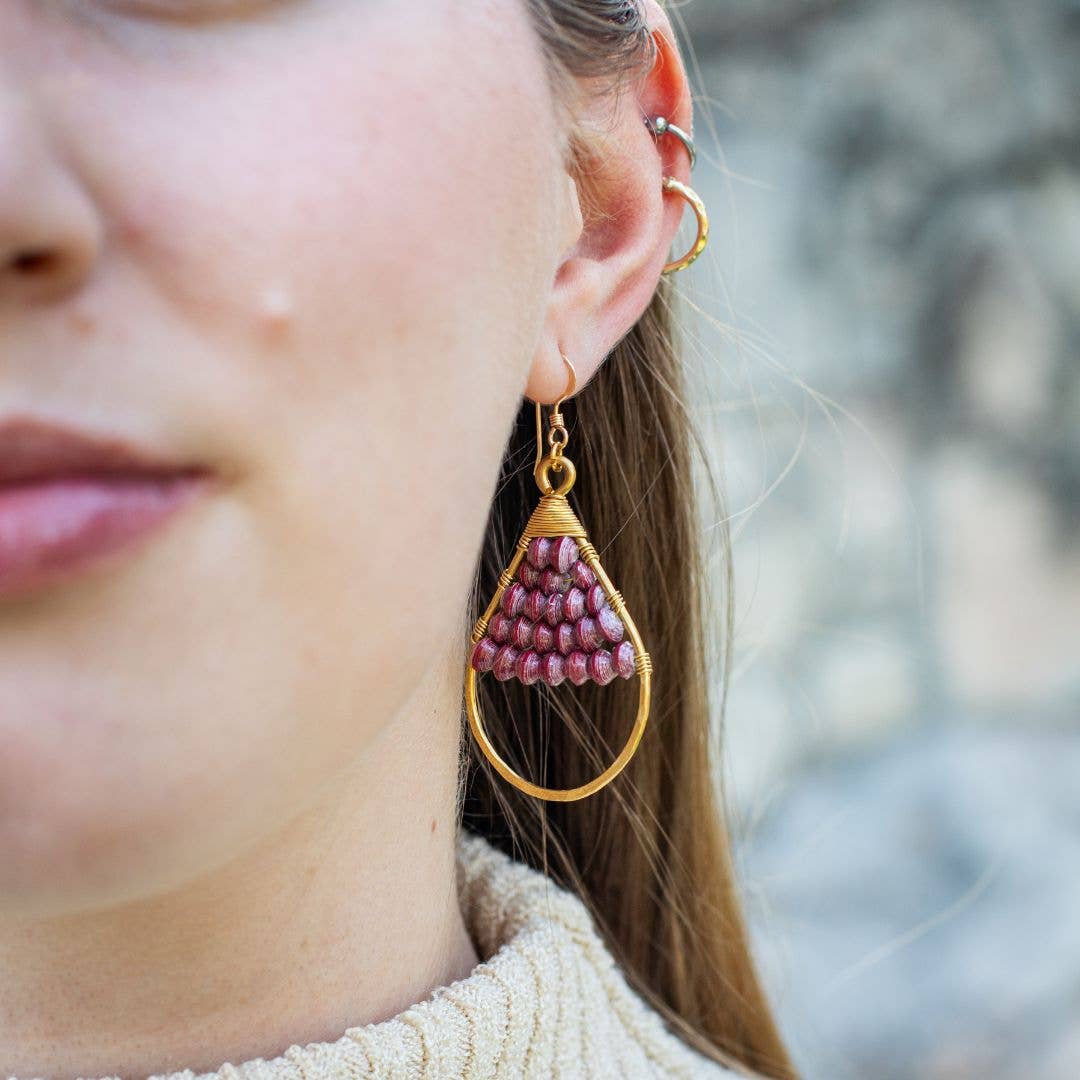 Woven Paper Bead Teardrop Hoop Earrings in Brass