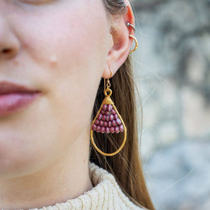 Woven Paper Bead Teardrop Hoop Earrings in Brass