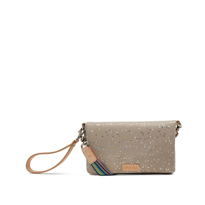 Consuela Faye Uptown Crossbody handbag in neutral snakeskin-textured print with a colorful woven strap.