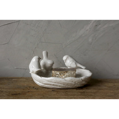 Ceramic Leaf Dish with Birds - White