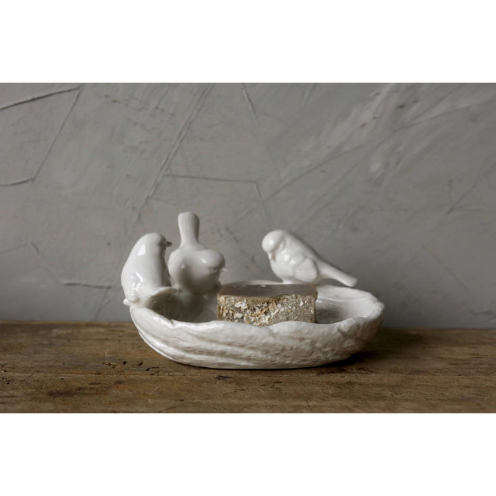 Ceramic Leaf Dish with Birds - White