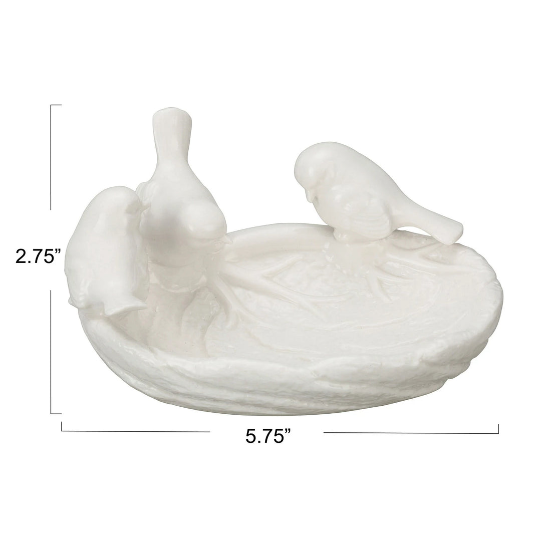 Ceramic Leaf Dish with Birds - White