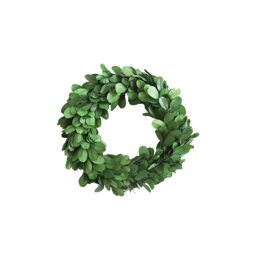 Small 6-inch round wreath made of real preserved green boxwood leaves, perfect for home accent styling.