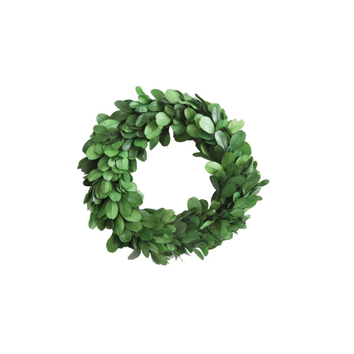 Small 6-inch round wreath made of real preserved green boxwood leaves, perfect for home accent styling.
