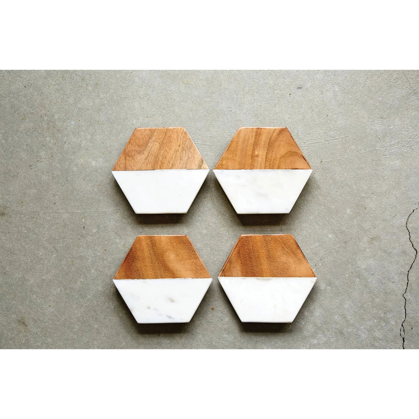 Marble & Mango Wood Hexagon Coasters, Set of 4
