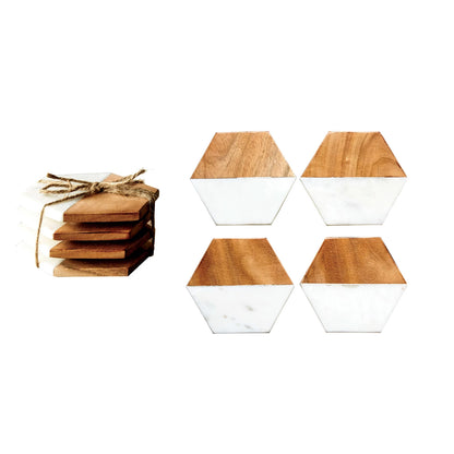 Marble & Mango Wood Hexagon Coasters, Set of 4