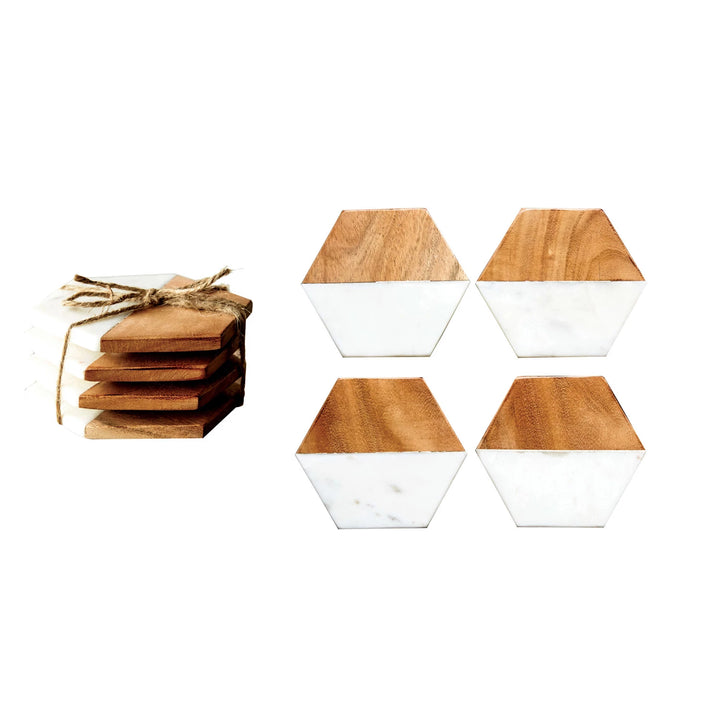 Marble &amp; Mango Wood Hexagon Coasters, Set of 4