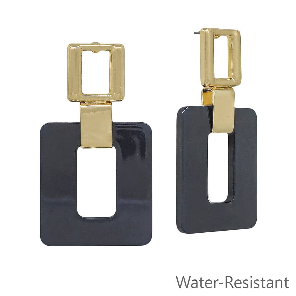 Water Resistant 2" Black Acrylic and Gold Square Earring