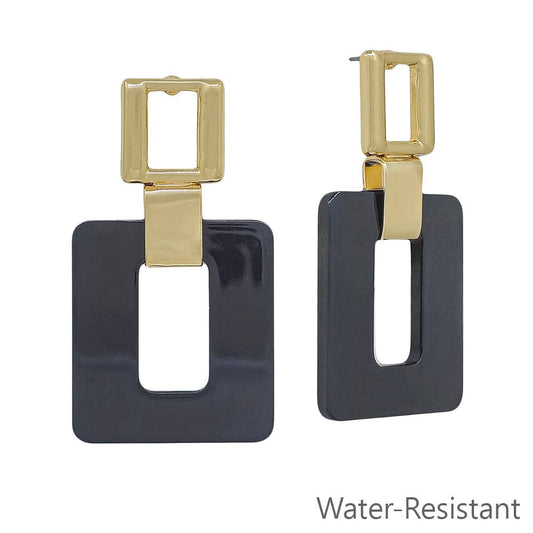 Water Resistant 2" Black Acrylic and Gold Square Earring