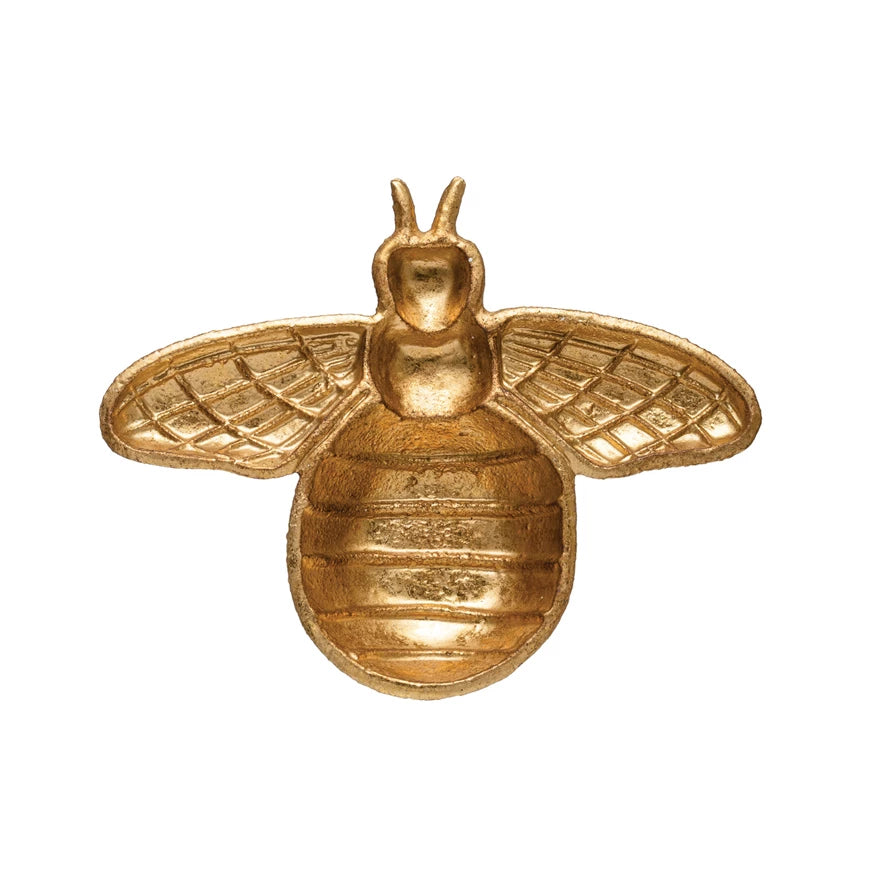 Overhead view of the gold bee-shaped trinket dish showing its 8-inch width.