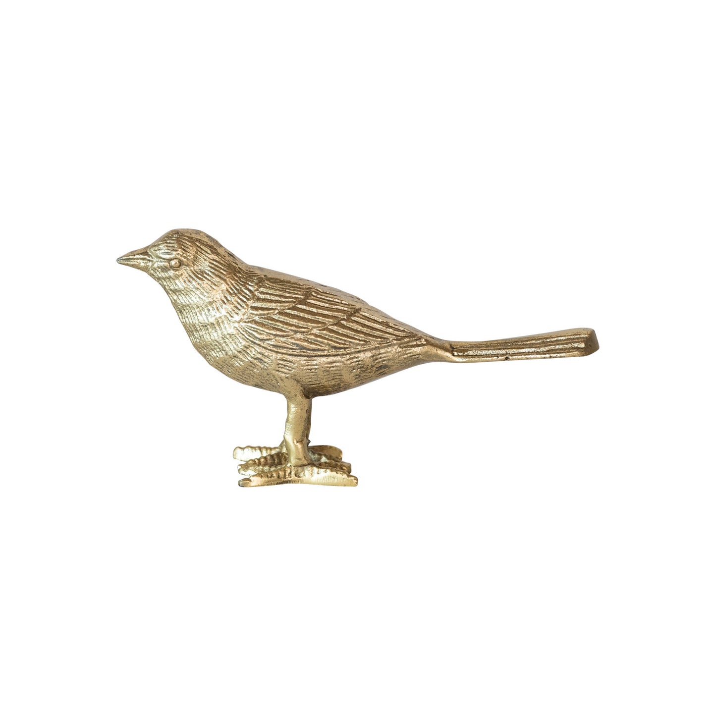 Text	Detailed gold-finished cast aluminum bird figurine standing on a flat surface, 7 inches long.