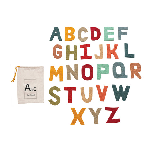 Creative Co-Op Handmade Wool Felt Alphabet set showing 26 multi-colored letters and the printed drawstring bag.