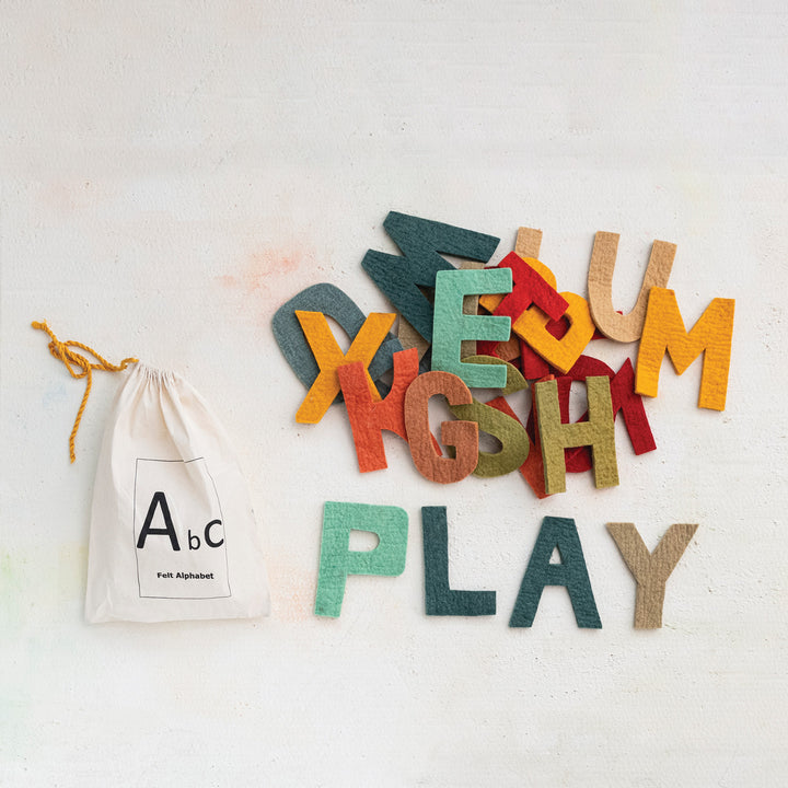 Creative Co-Op Handmade Wool Felt Alphabet - 26 Piece Set with Drawstring Bag
