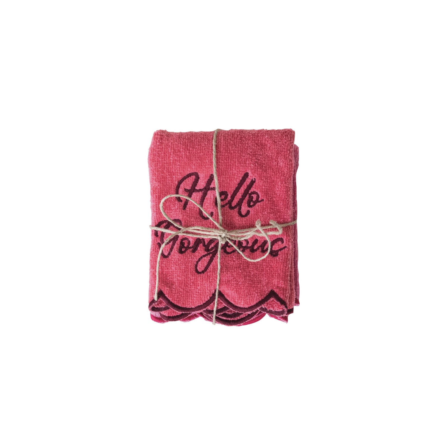 Pair of pink cotton wash cloths with scalloped dark pink edges and "Hello Gorgeous" embroidered text.