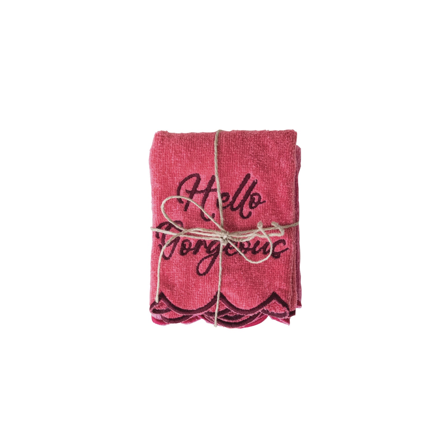 Pair of pink cotton wash cloths with scalloped dark pink edges and "Hello Gorgeous" embroidered text.