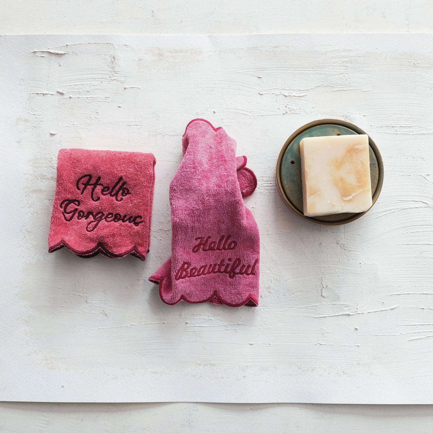 Scalloped Cotton Terry Wash Cloths with "Hello Gorgeous" Embroidery – Set of 2