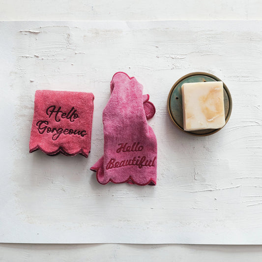 Scalloped Cotton Terry Wash Cloths with "Hello Gorgeous" Embroidery – Set of 2