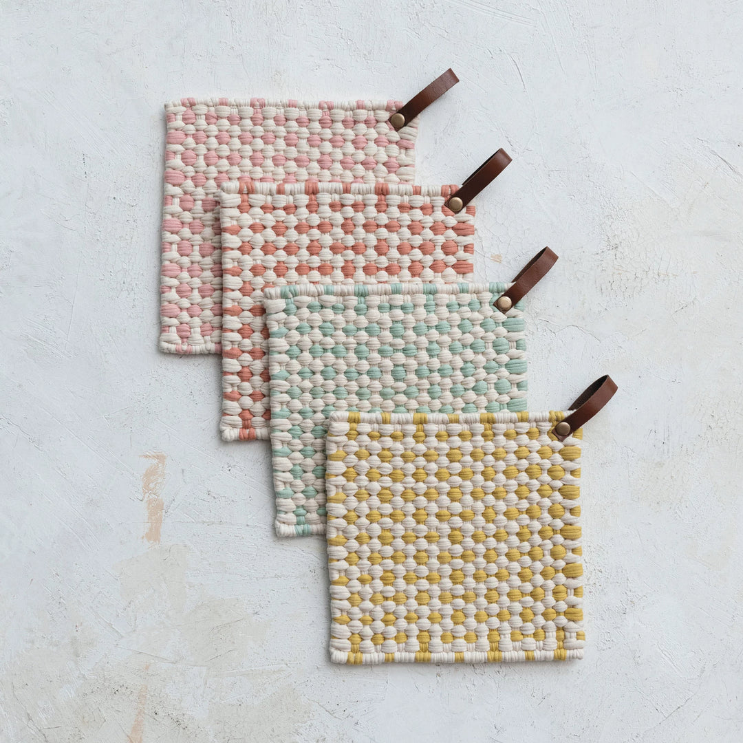Hand-Crocheted Cotton Pot Holder with Leather Hanging Loop