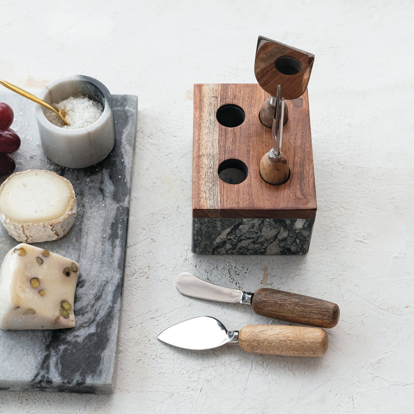 Creative Co-Op Stainless Steel Cheese Servers with Marble Stand - Set of 5