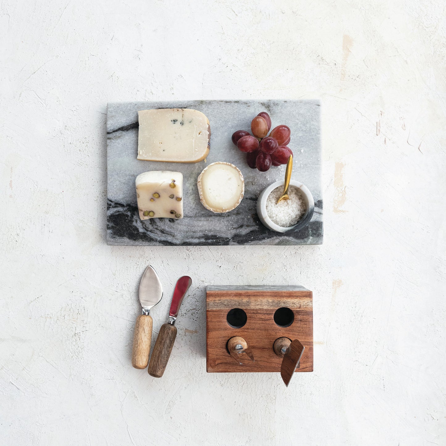 Creative Co-Op Stainless Steel Cheese Servers with Marble Stand - Set of 5