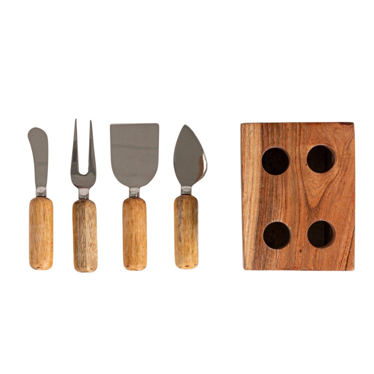 close-up of the wood handles and stainless steel blades on the Creative Co-Op cheese utensils.