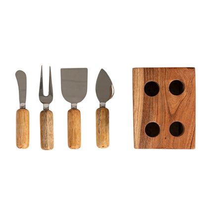 close-up of the wood handles and stainless steel blades on the Creative Co-Op cheese utensils.