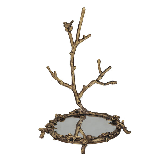 Antique gold pewter jewelry holder with bird on branch design and circular mirrored base.