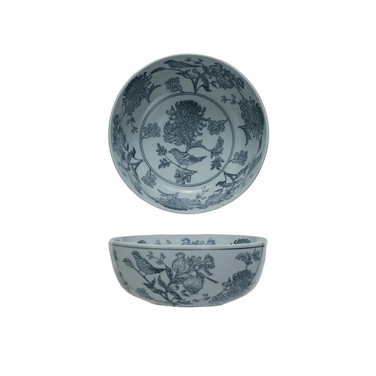 Creative Co-Op 10-inch hand-stamped stoneware bowl with blue birds and botanical floral patterns.