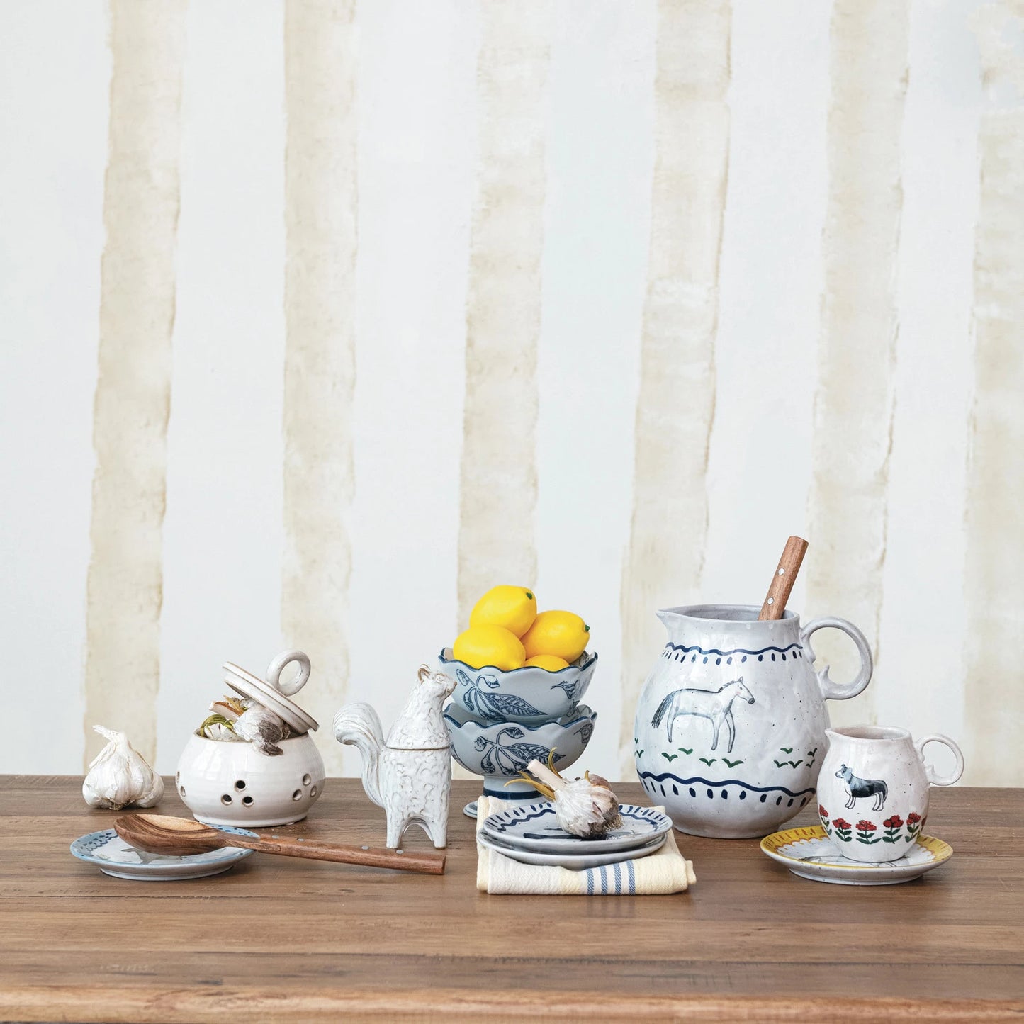 Hand Painted Stoneware Pitcher W/Horse