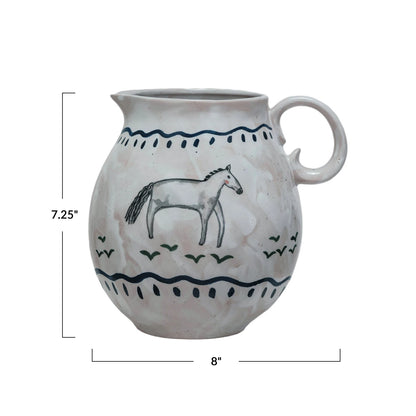 Hand Painted Stoneware Pitcher W/Horse