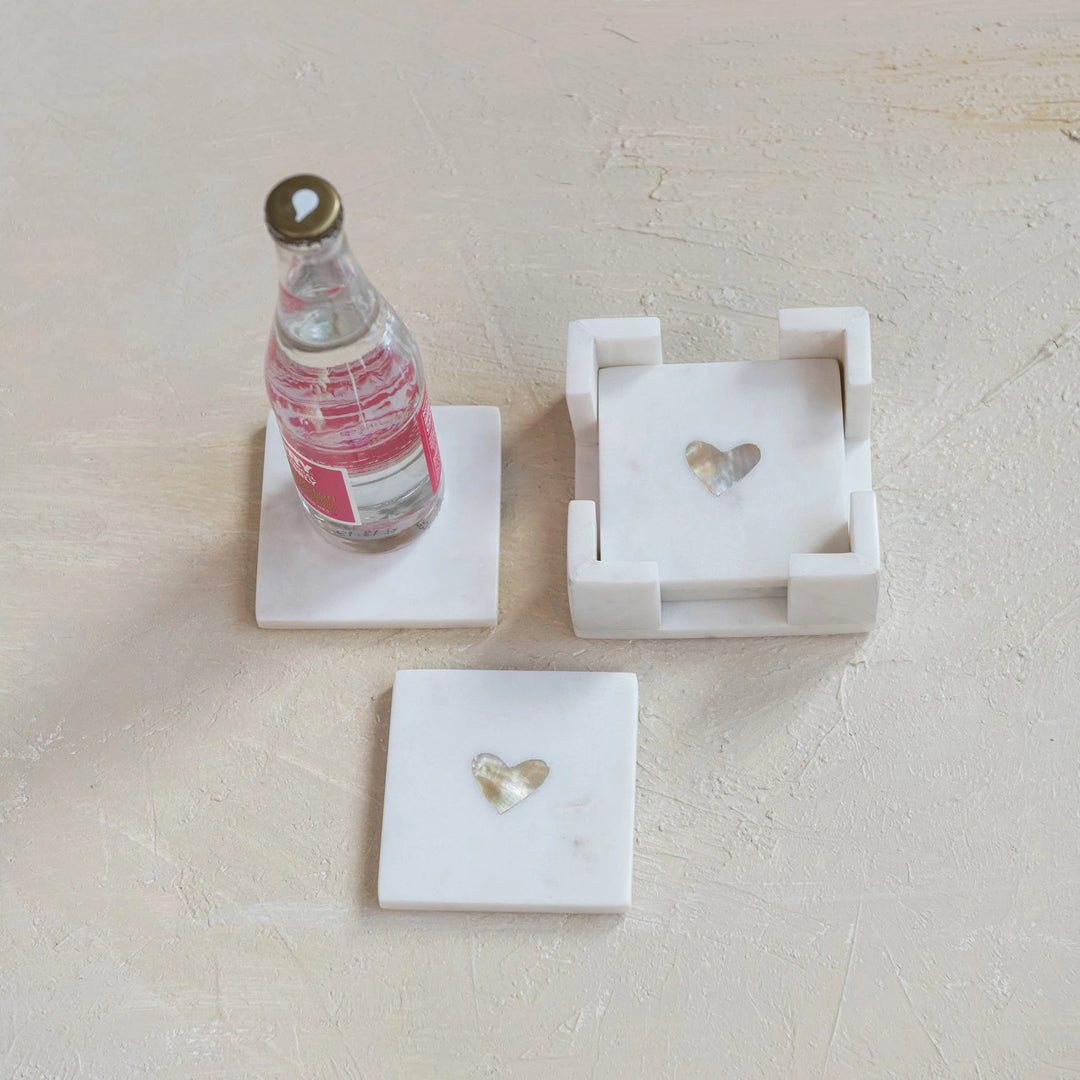 Marble Coasters with Mother of Pearl Inlay &amp; Holder, Set of 5