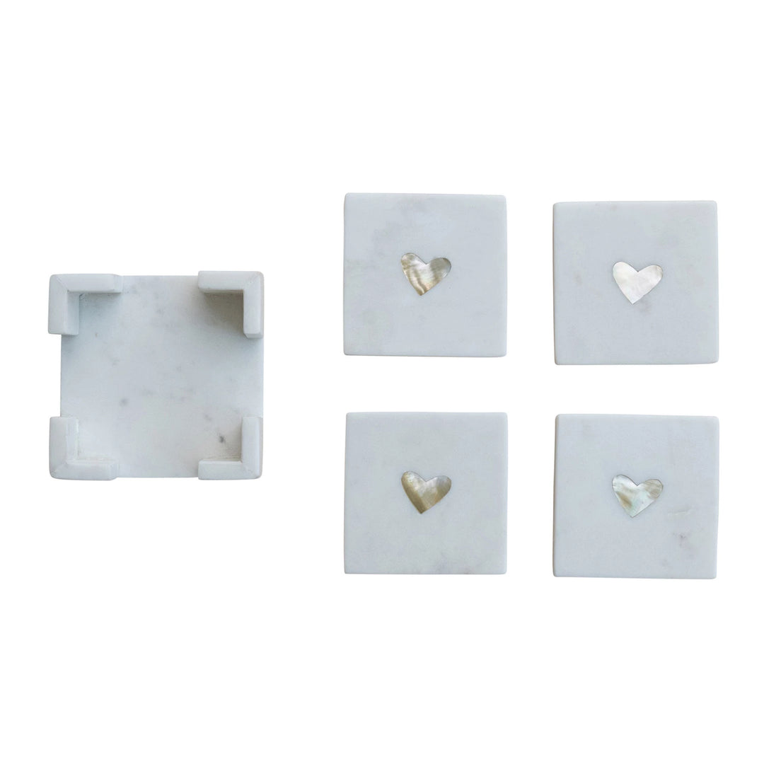 Marble Coasters with Mother of Pearl Inlay &amp; Holder, Set of 5