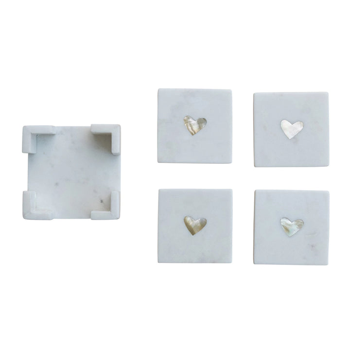 Marble Coasters with Mother of Pearl Inlay &amp; Holder, Set of 5