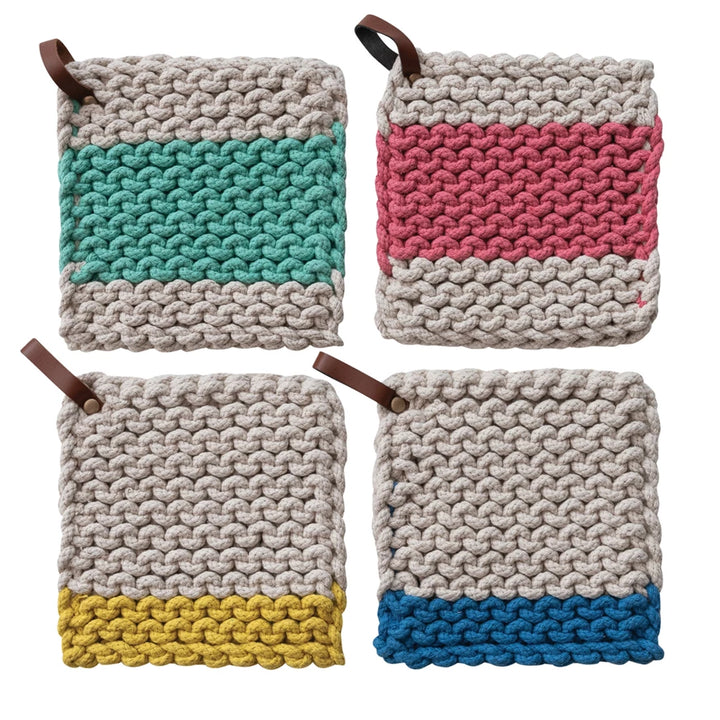 Creative Co-Op Crocheted Pot Holder collection in Pink, Yellow, Blue, and Aquamarine Blue with leather loops.